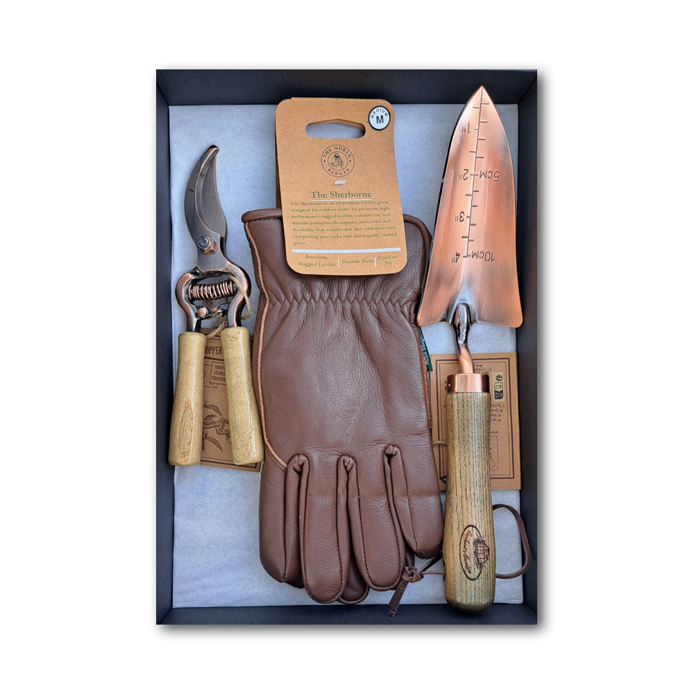 The Sherborne Lined Premium Gardening Glove with Copper Plated Trowel and Pruner