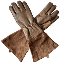 Brown leather gauntlets with fleece lining, designed for gardening