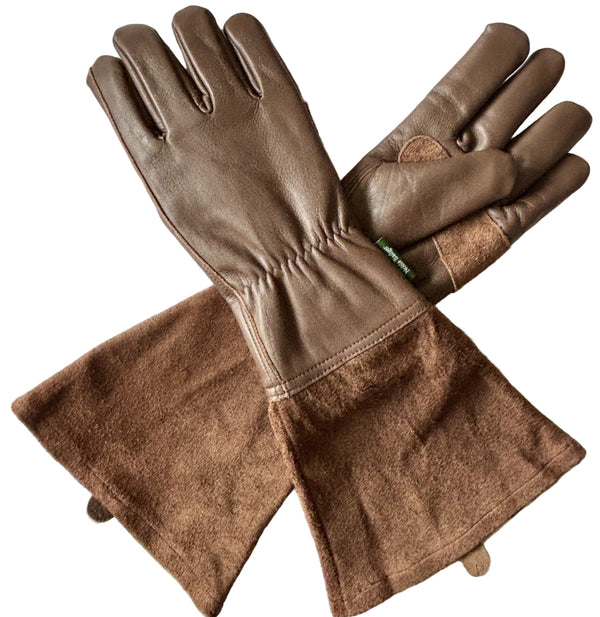 Brown leather gauntlets with fleece lining, designed for gardening